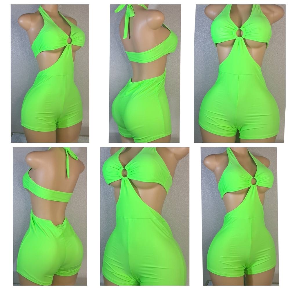 Neon Green Cutout Halter Romper